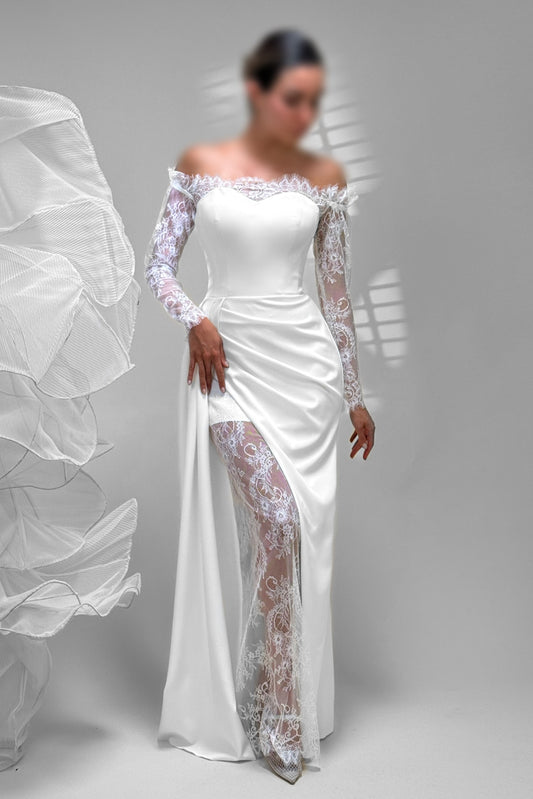 Off-the-Shoulder Lace Sleeve Satin Gown with High Slit