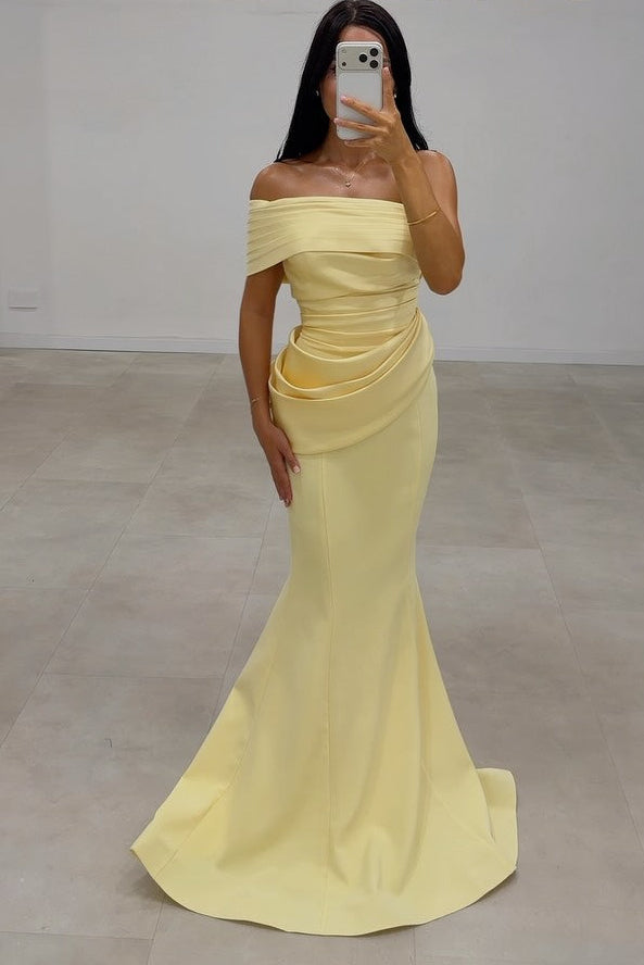 Off-the-Shoulder Pleated Draped Mermaid Gown