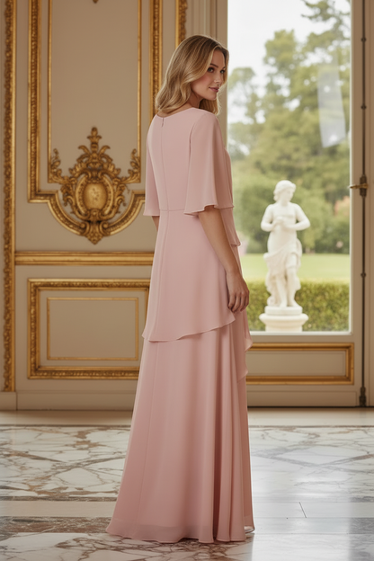 Tiered Asymmetrical Floor-Length Flutter Sleeve Gown
