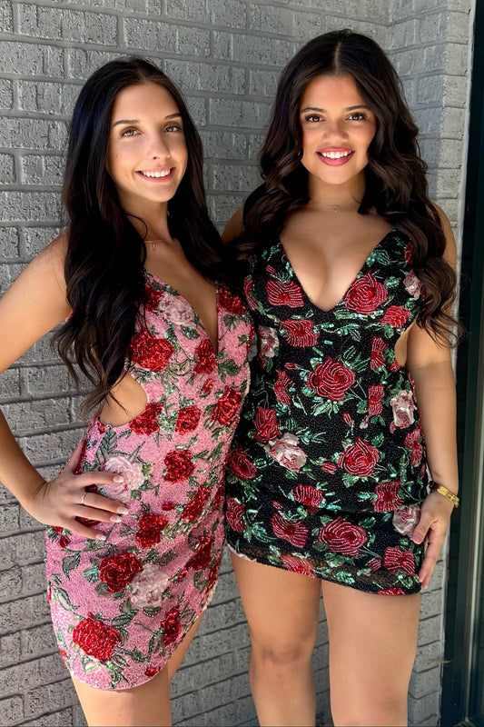 Floral Beaded Cut-Out Mini Dress with Open Back