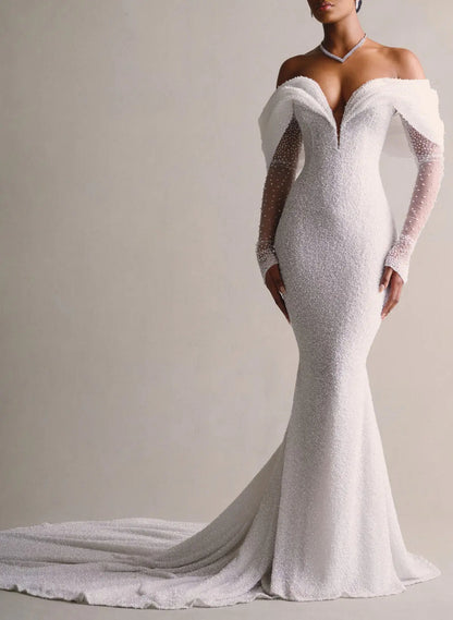 Off-the-Shoulder Mermaid Wedding Dress with Train