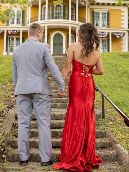 Strapless Satin Mermaid Gown with High Slit