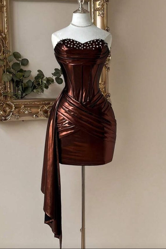 Strapless Corset Metallic Mini Dress with Side Drape