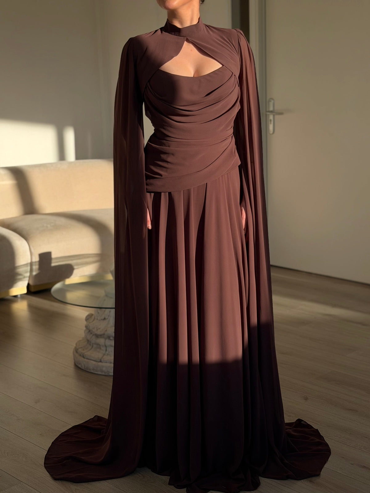 High Neck Cutout Cape Sleeve Evening Gown