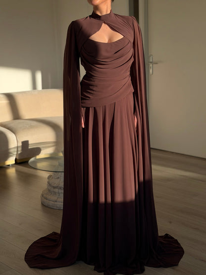 High Neck Cutout Cape Sleeve Evening Gown