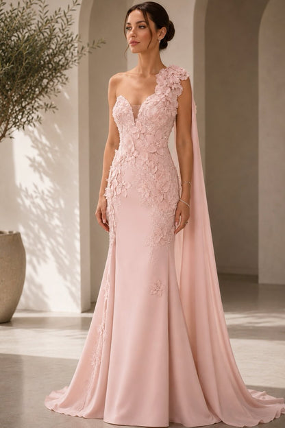 One-Shoulder Mermaid Gown with 3D Florals and Cape