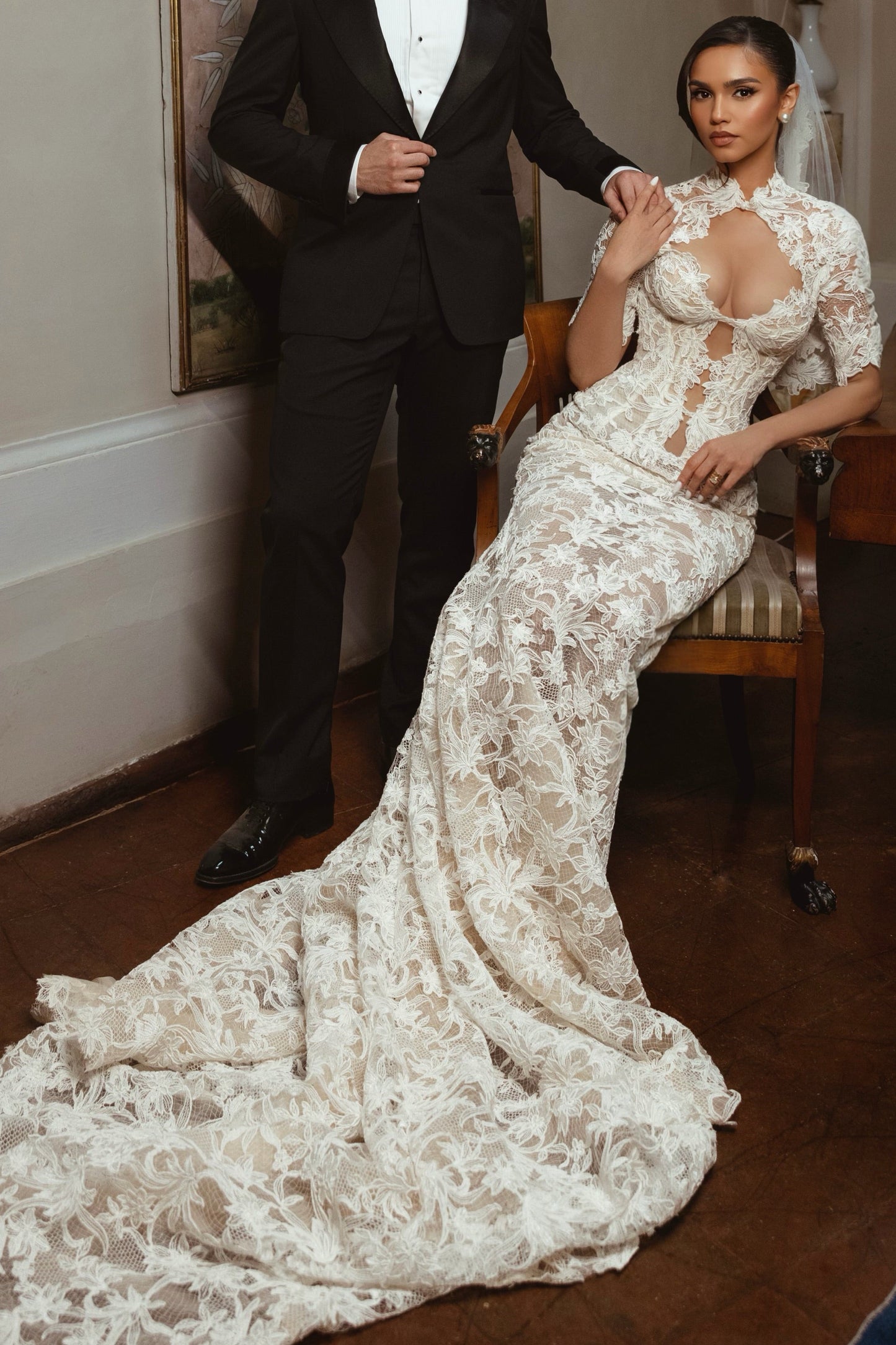 High-Neck Lace Mermaid Wedding Dress with Open Back