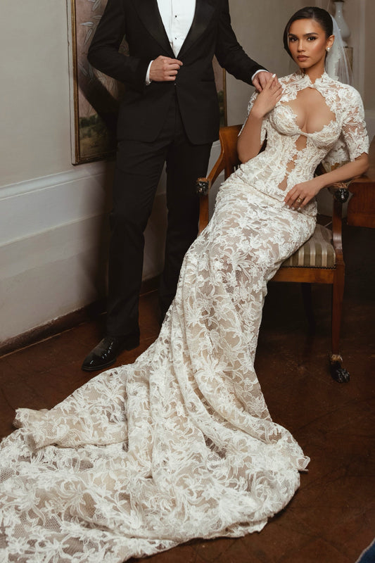 High-Neck Lace Mermaid Wedding Dress with Open Back