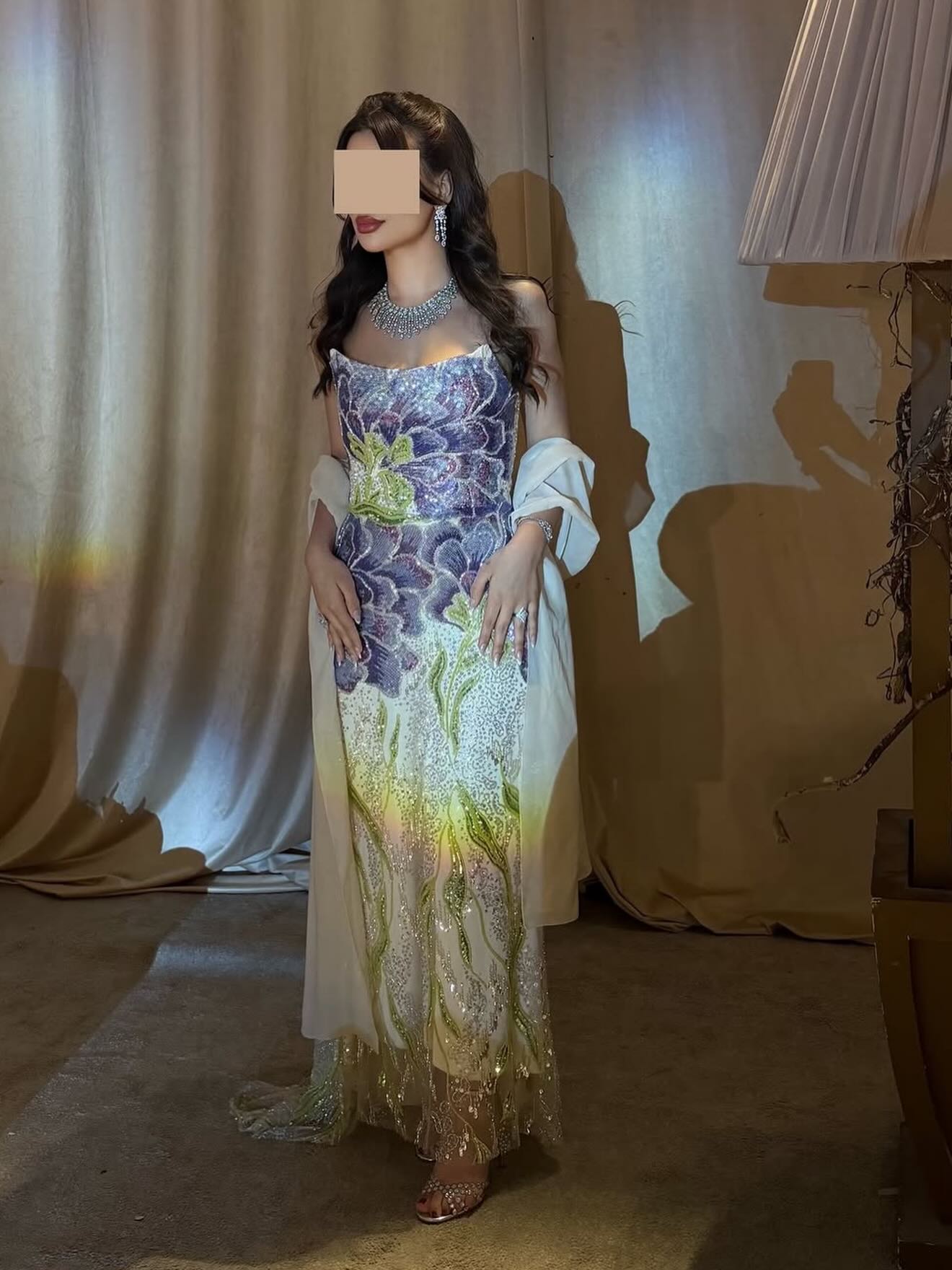 Strapless Sequined Floral Column Gown with Shawl