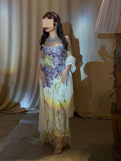 Strapless Sequined Floral Column Gown with Shawl