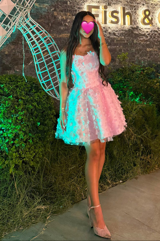 Strapless 3D Floral Applique Tulle Mini Dress
