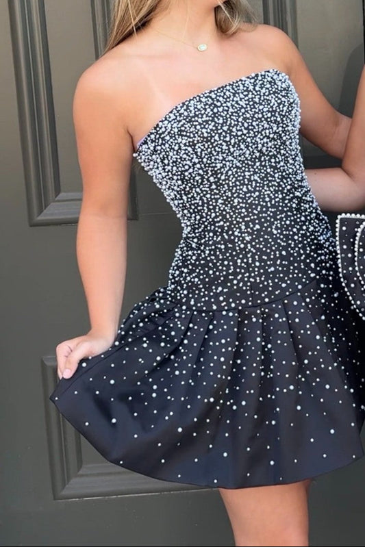 Strapless Pearl Embellished Pleated Mini Dress