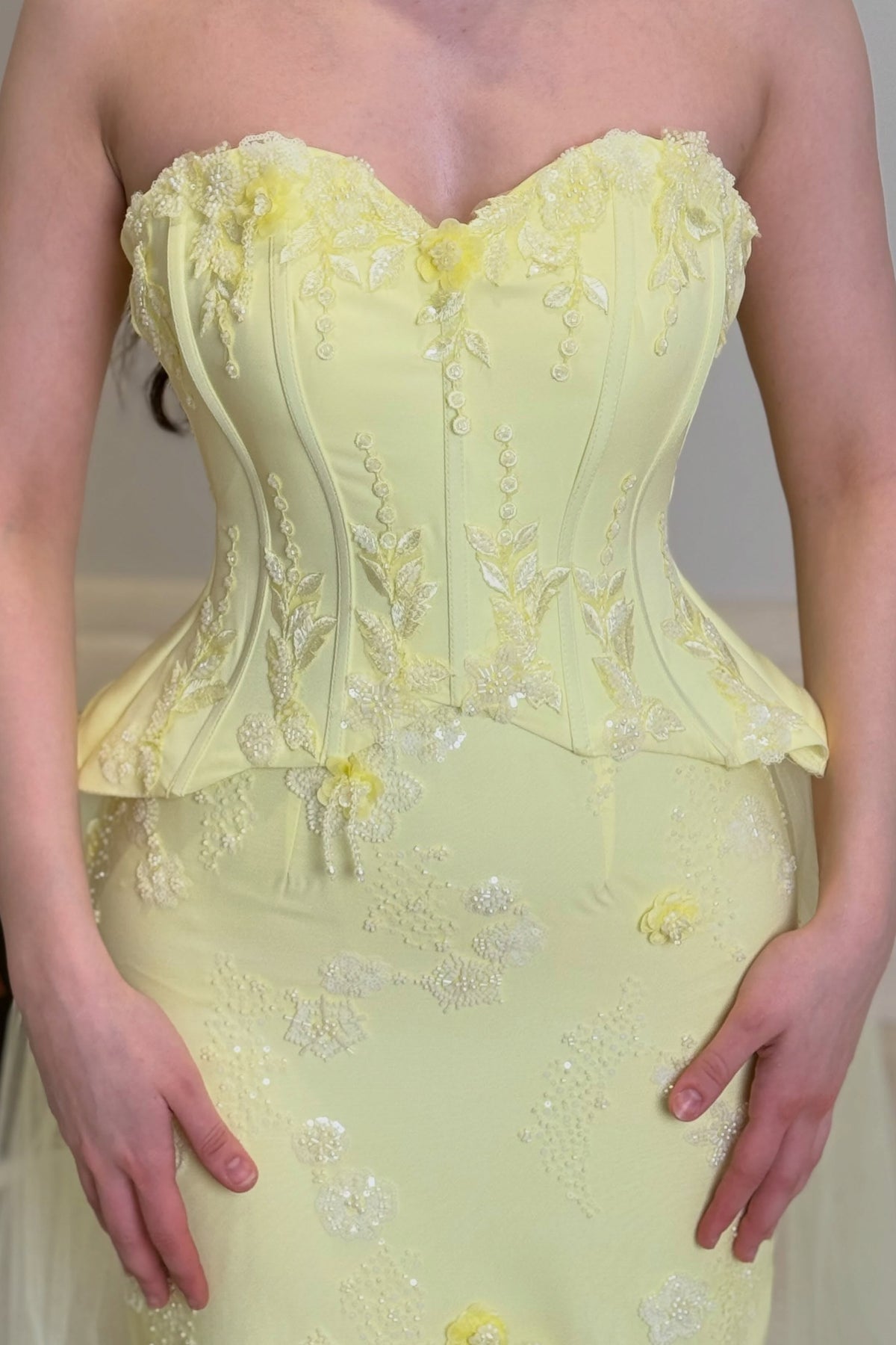 Strapless Corset Peplum Gown with Floral Beading