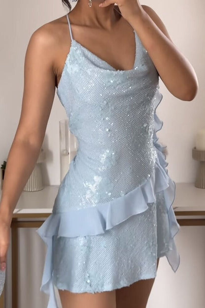 Sequin Cowl Neck Mini Dress with Asymmetrical Ruffle