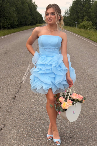 Strapless Ruffled Tulle Mini Party Dress