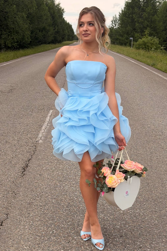 Strapless Ruffled Tulle Mini Party Dress