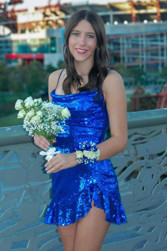 Cowl Neck Sequin Mini Dress with Lace-Up Back