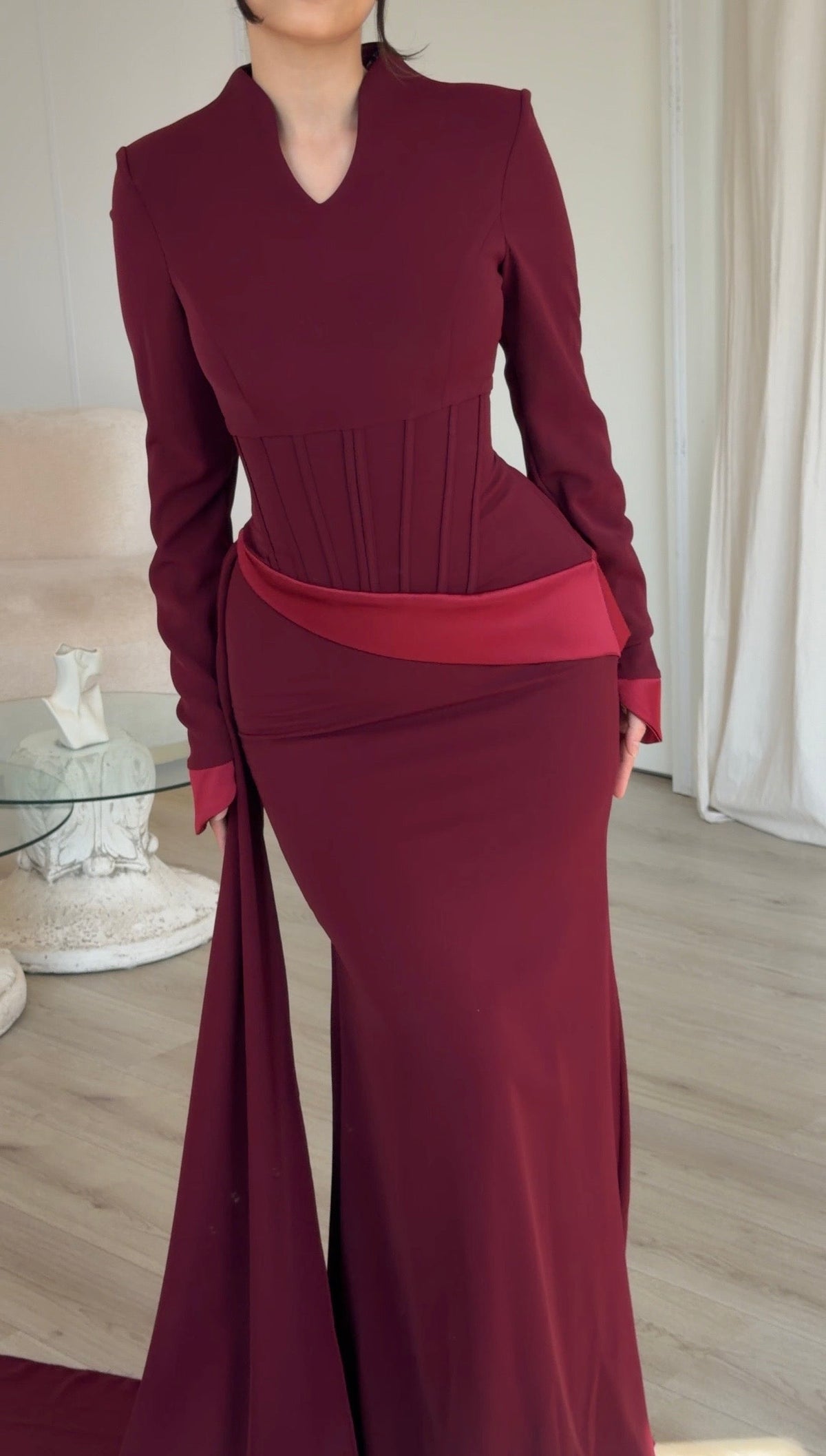 Corset Waist Long Sleeve Gown with Side Drape