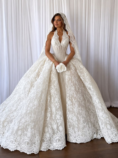 Lace Halter Ball Gown Wedding Dress with Corset