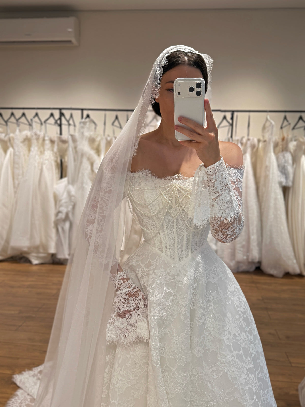 Off-the-Shoulder Lace Ball Gown Wedding Dress