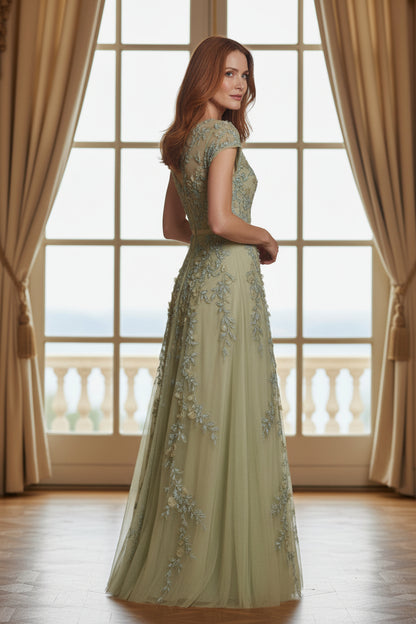 Embroidered Tulle A-Line Gown with Cap Sleeves
