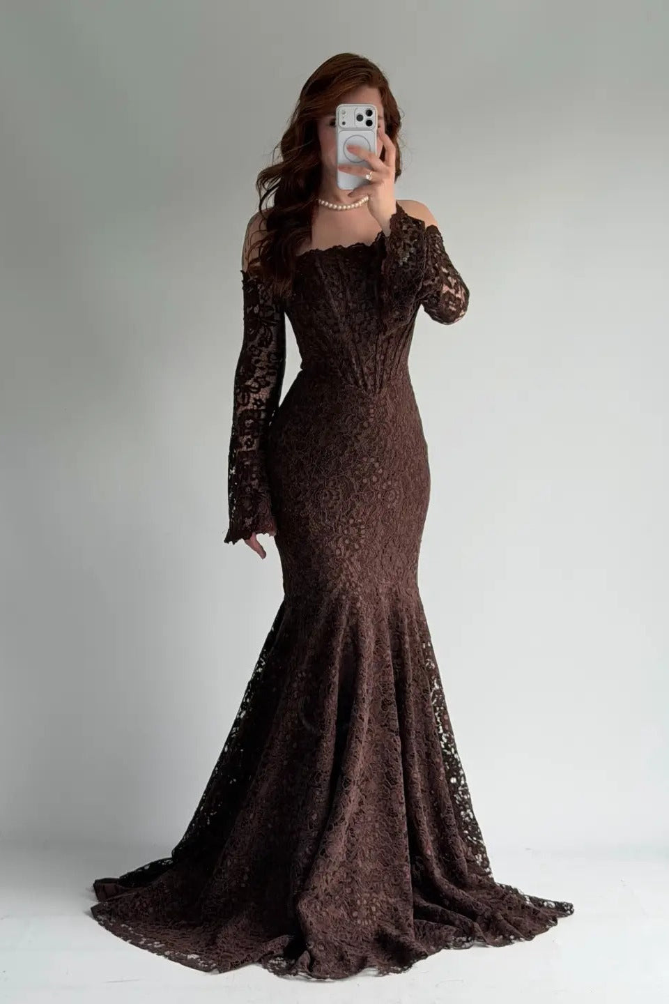 Off-Shoulder Lace Mermaid Gown with Long Sleeves