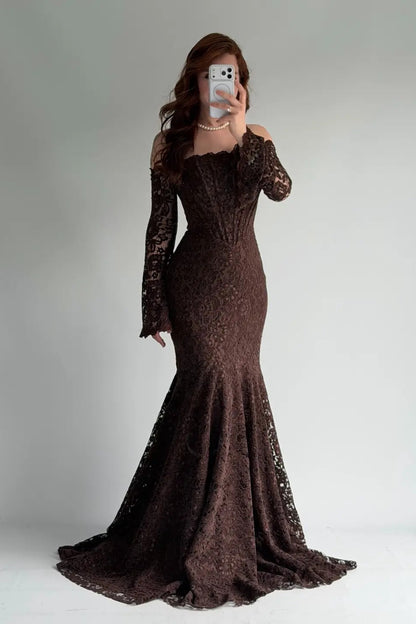 Off-Shoulder Lace Mermaid Gown with Long Sleeves