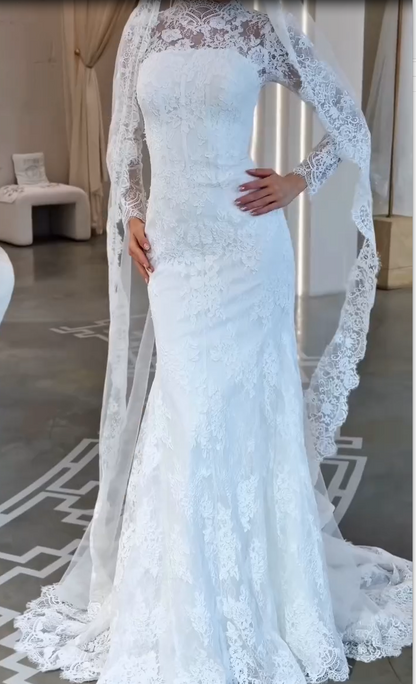 High Neck Lace Mermaid Bridal Gown with Overskirt