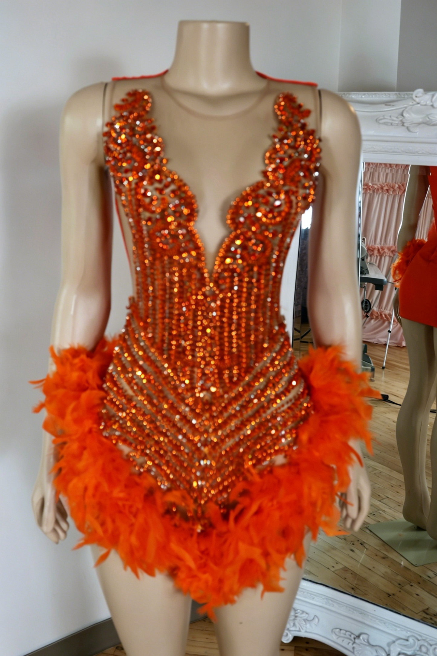 Crystal Beaded Halter Feather Mini Dress