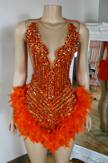 Crystal Beaded Halter Feather Mini Dress