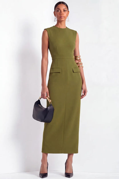 Sleeveless Flap-Detail Tailored Column Maxi Dress