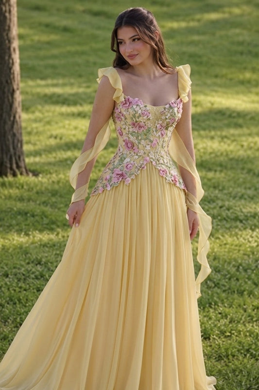 Romantic Floral Embroidered Chiffon A-Line Gown