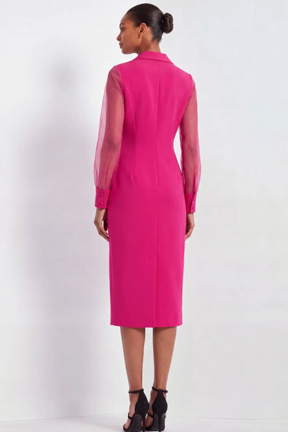 Sheer Sleeve Double-Breasted Midi Blazer Dress