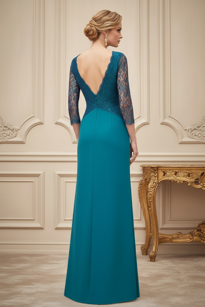 Square Neck 3/4 Lace Sleeve Evening Gown