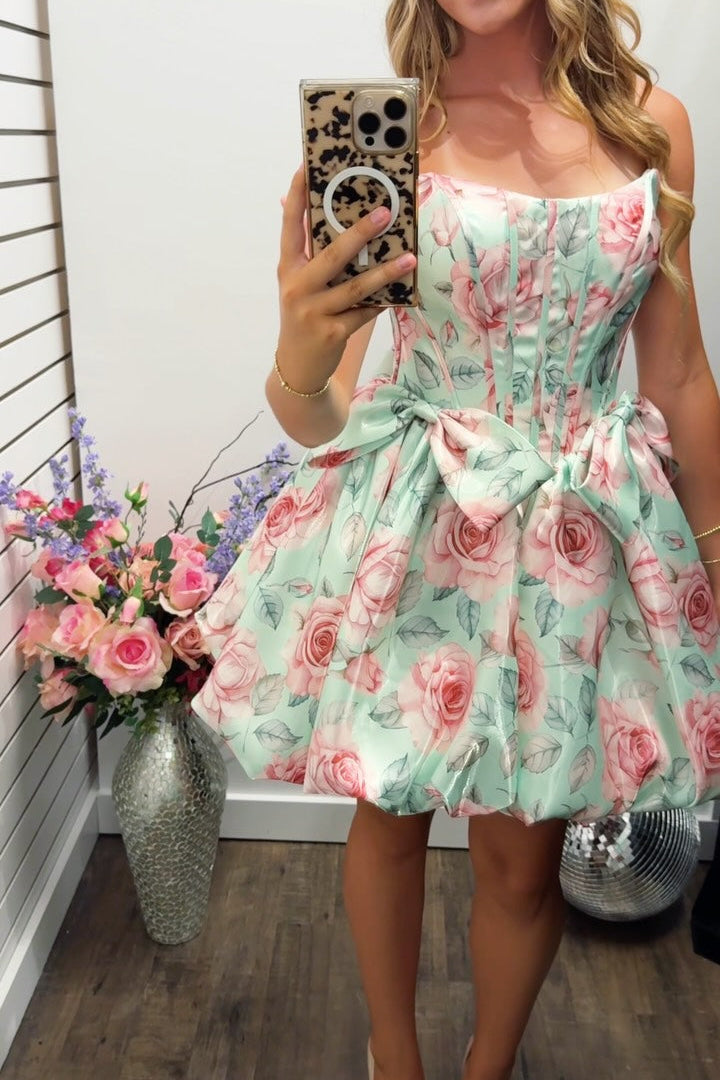 Floral Corset Bubble Hem Mini Dress with Bow