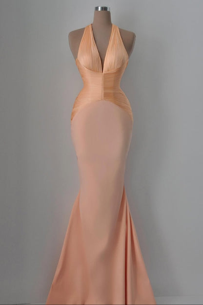 Beaded Halter Deep V Mermaid Evening Gown