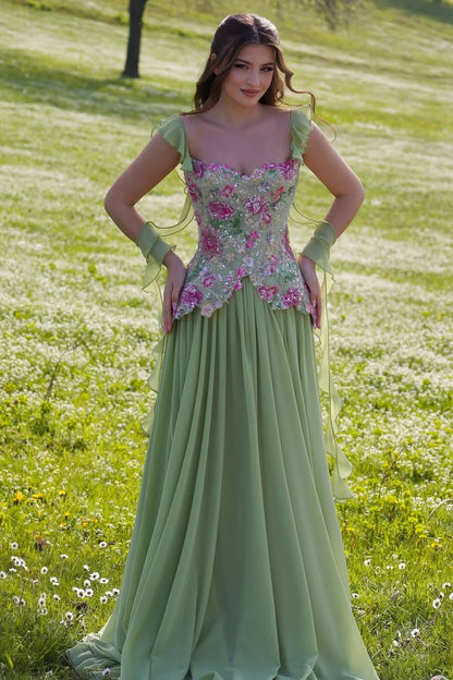 Floral Embroidered Chiffon A-Line Gown
