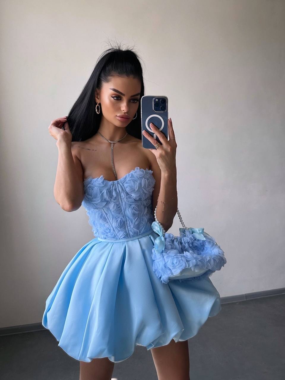Strapless Rosette Corset Bubble Mini Dress