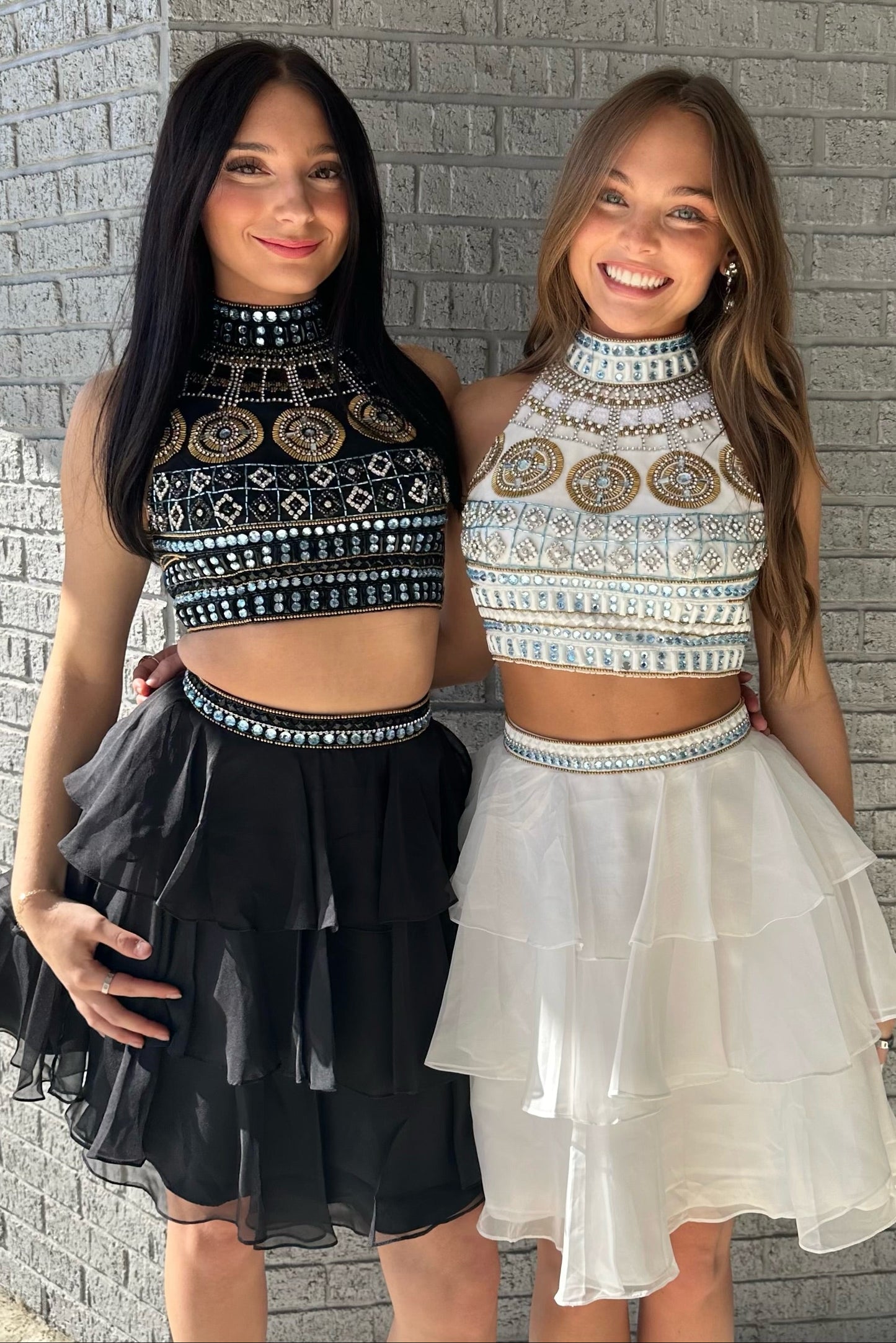 Beaded High Neck Two-Piece Ruffled Mini Dress
