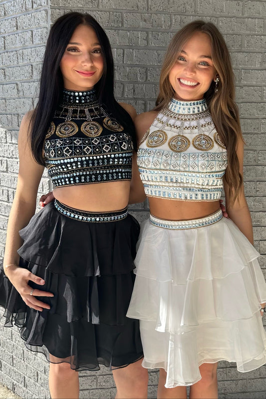Beaded High Neck Two-Piece Ruffled Mini Dress