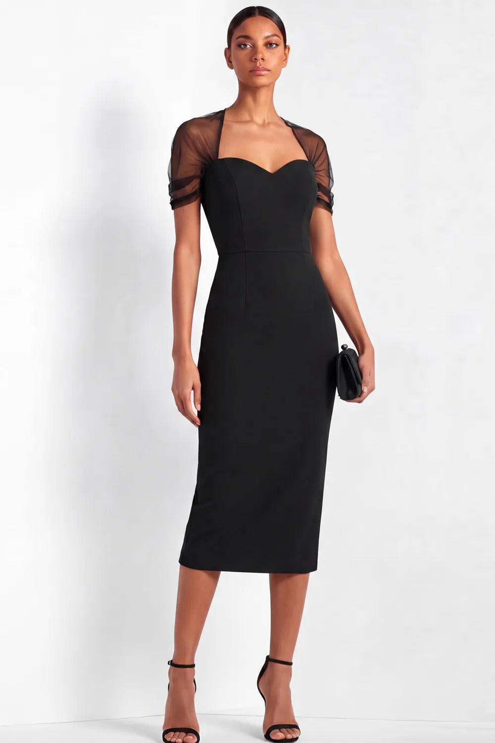 Cowl Back Sheer Sleeve Midi Sheath Dress