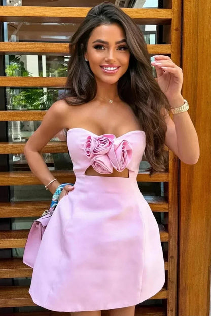 Strapless Cut-Out Mini Dress with 3D Flowers