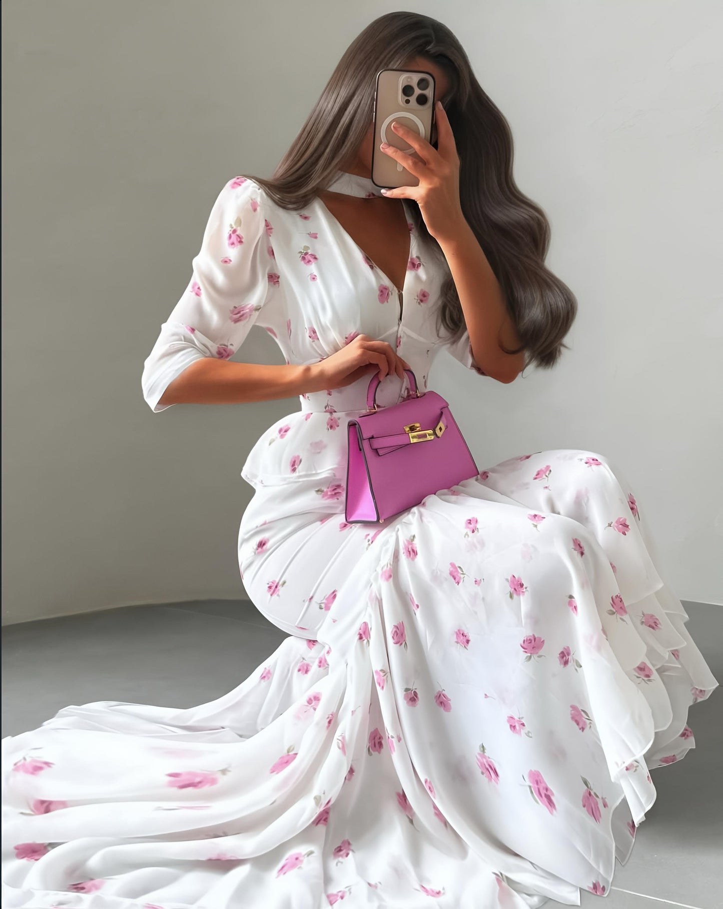Floral Print Mermaid Midi Dress with Ruffle Hem