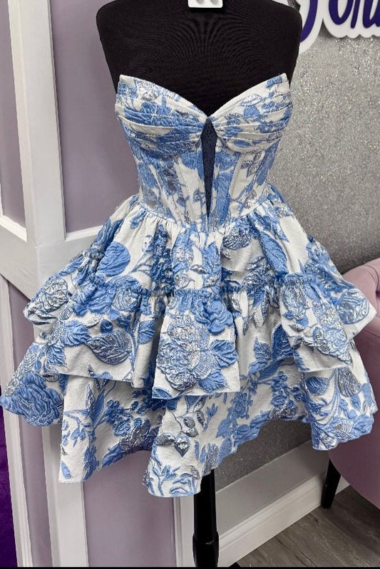Strapless Corset Tiered Jacquard Mini Dress