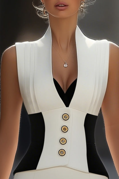 Pleated Bodice Button Front Midi Sheath Dress