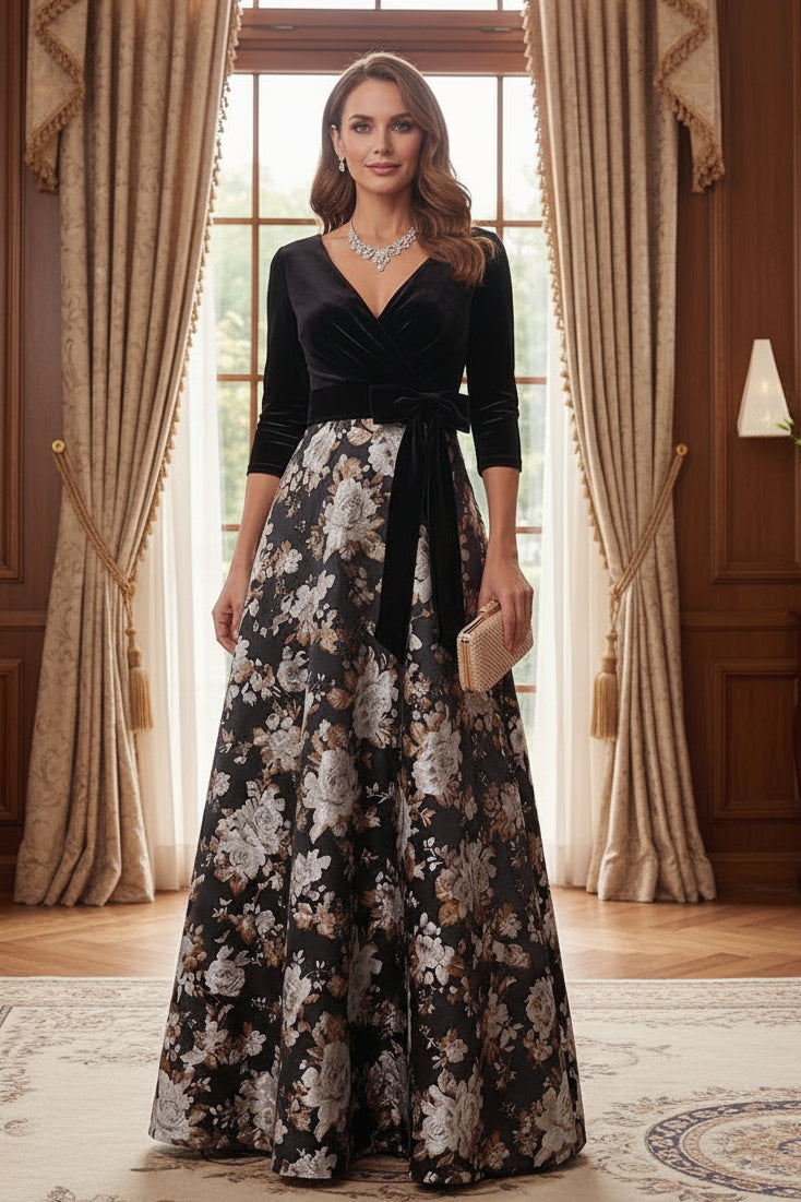 Velvet Bodice Floral Brocade A-Line Evening Gown