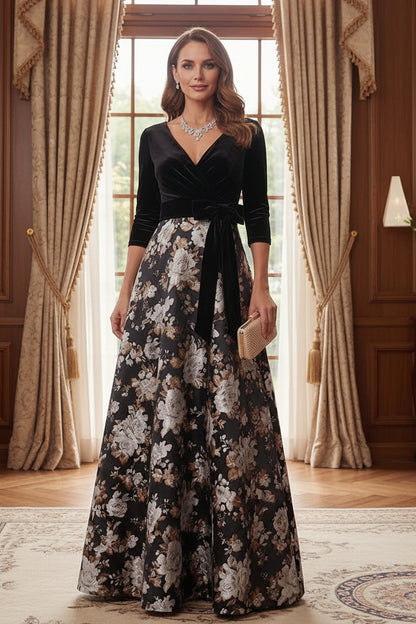 Velvet Bodice Floral Brocade A-Line Evening Gown