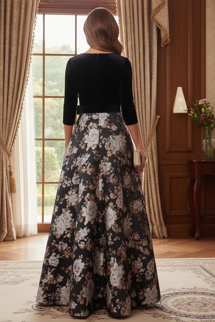 Velvet Bodice Floral Brocade A-Line Evening Gown