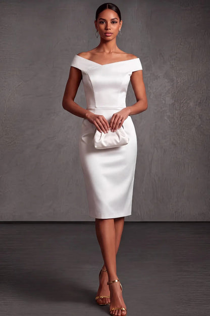Off-the-Shoulder Midi Sheath Dress with V-Neckline