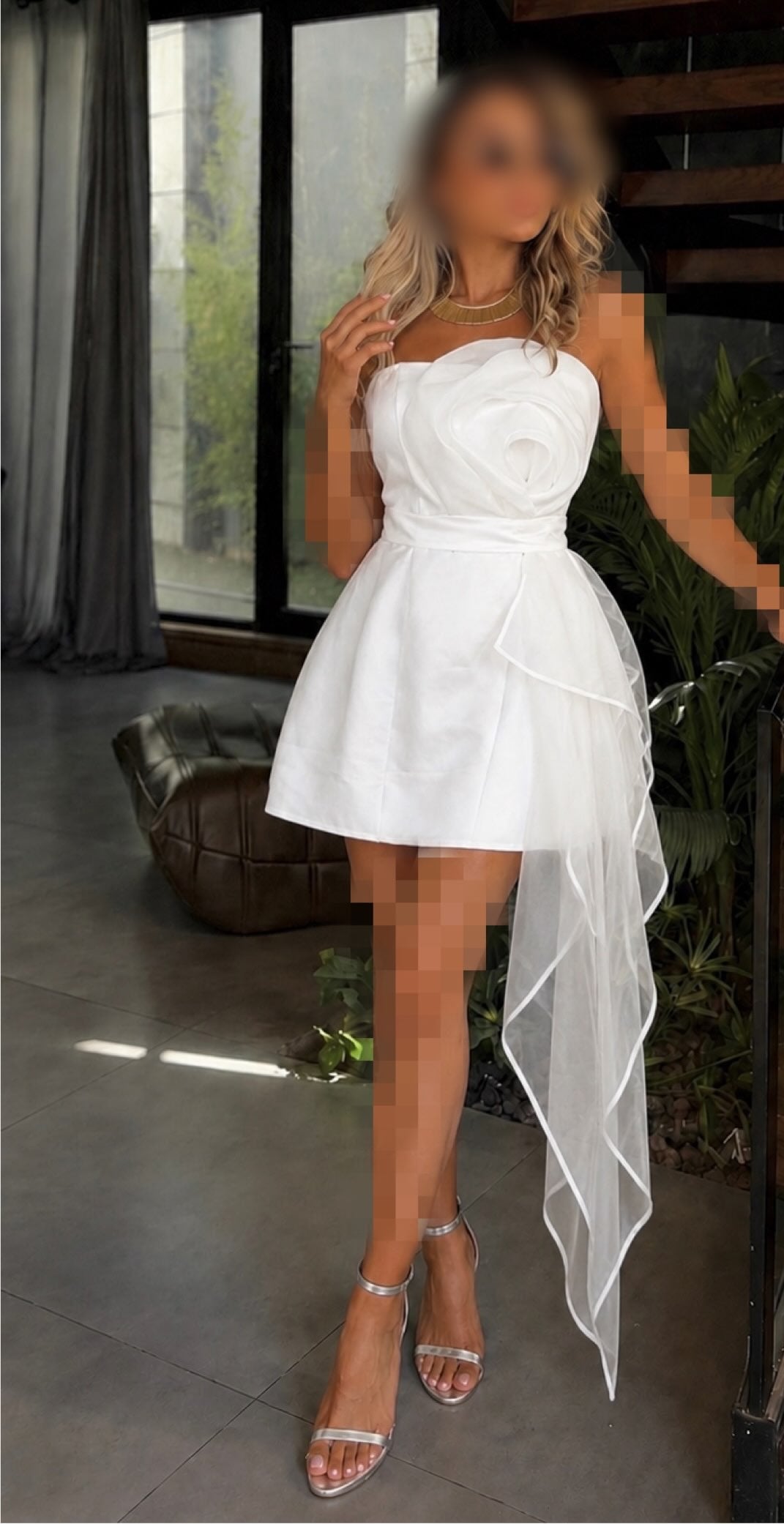 Strapless 3D Rosette Mini Dress with Side Drape